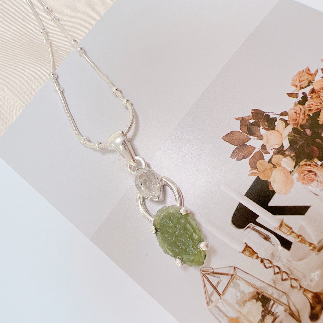 MOLDAVITE & HERKEMIR DIAMOND PENDANT