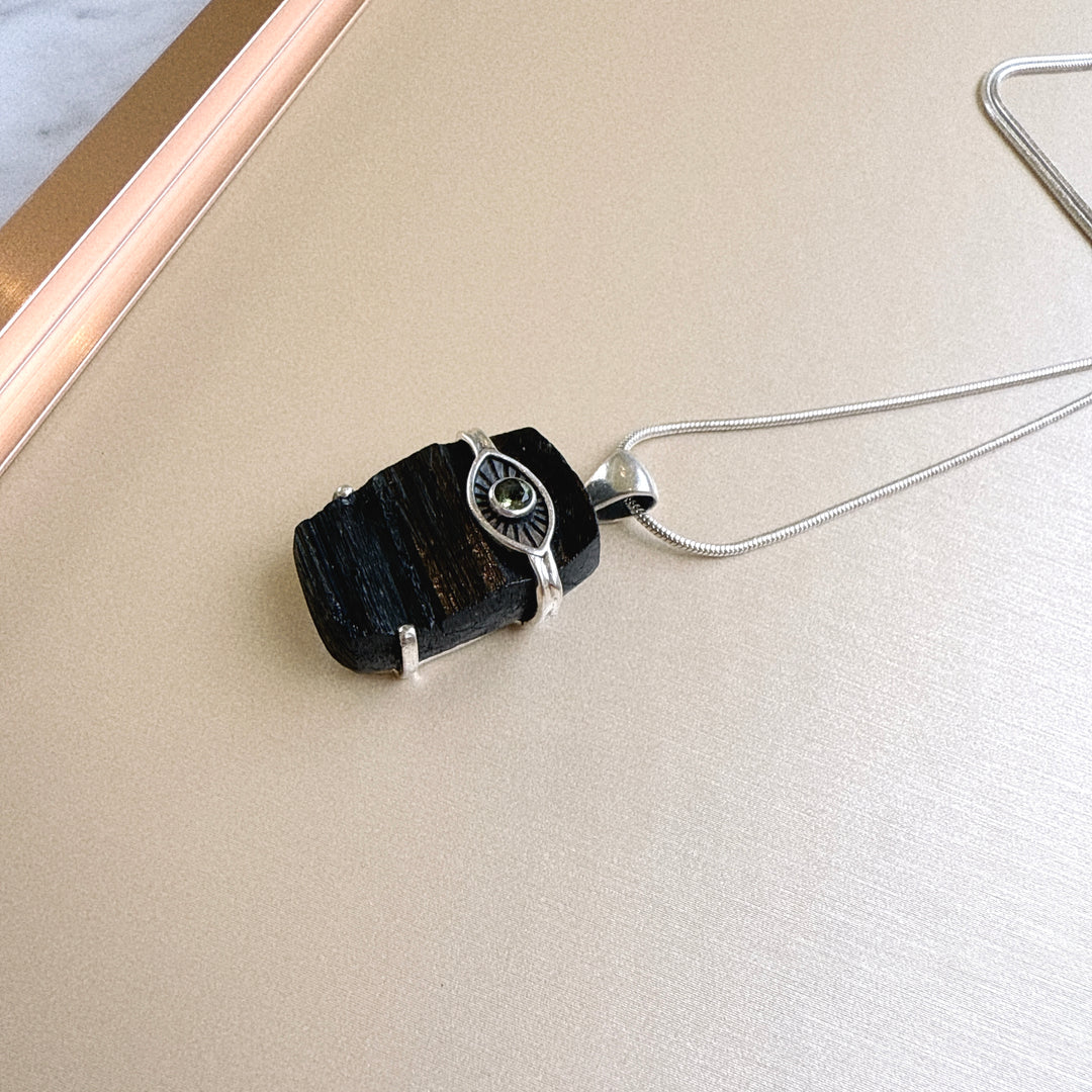 Moldavite Faceted & Black Tourmaline Evil Eye Pendant