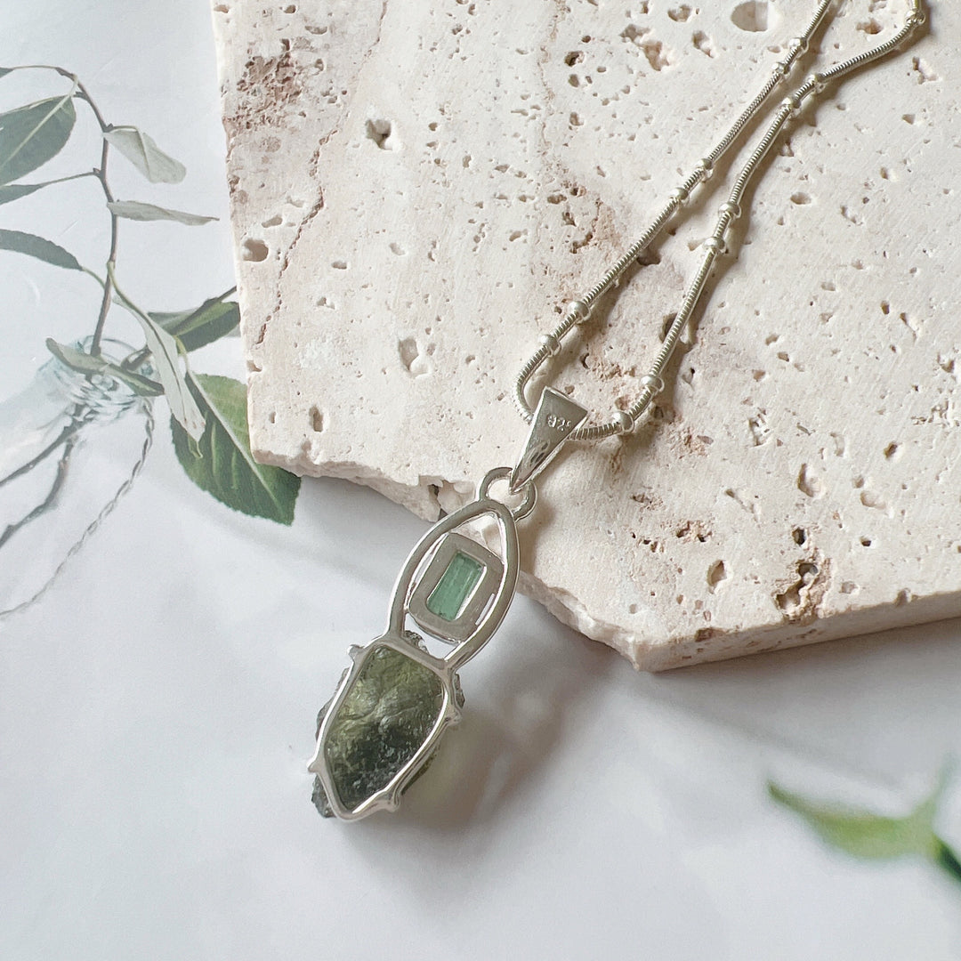 Moldavite & Green Tourmaline Pendant