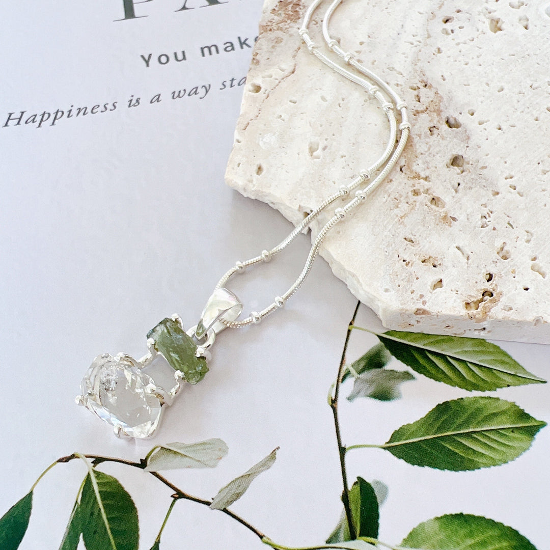 MOLDAVITE & HERKEMIR DIAMOND PENDANT