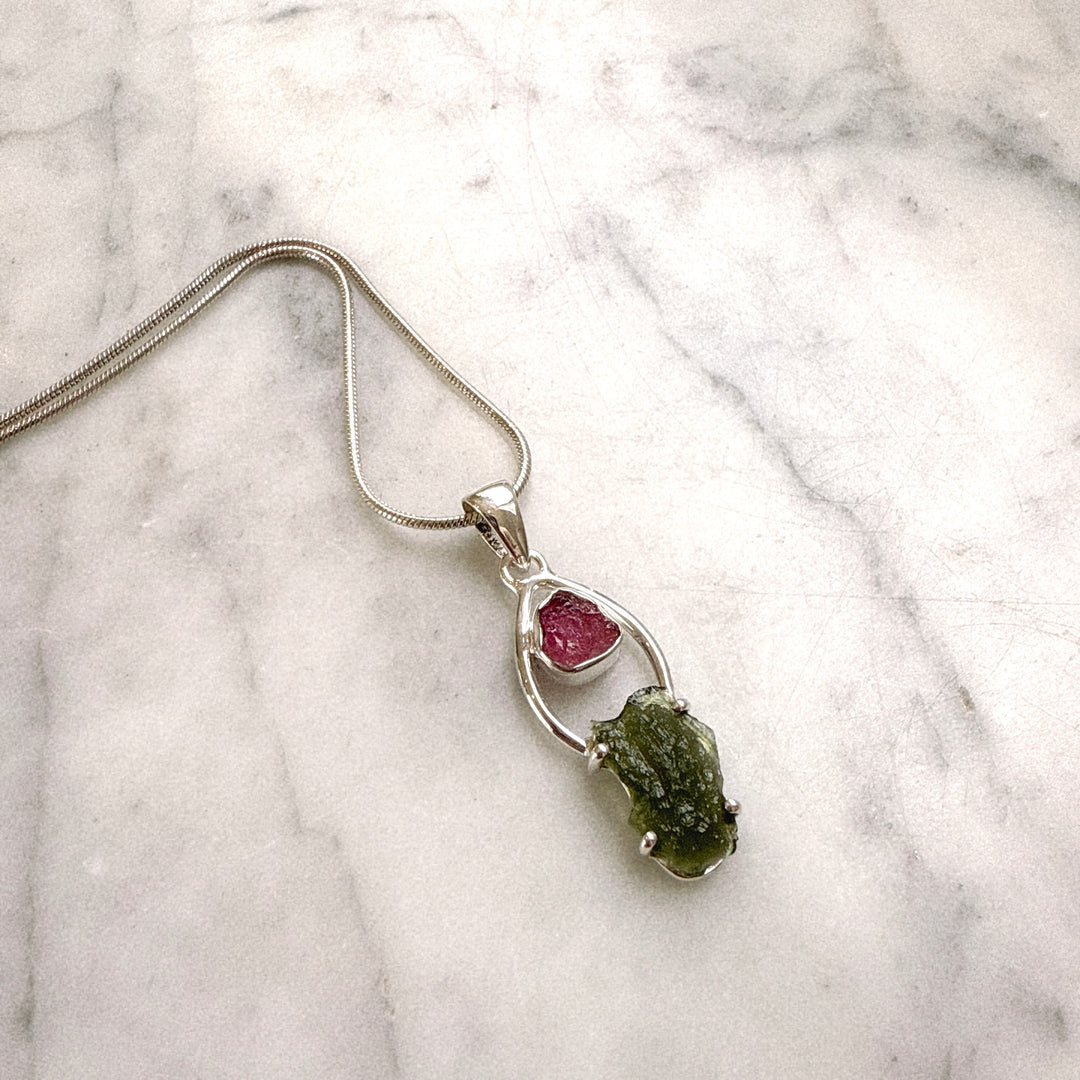 Moldavite & Pink Tourmaline Pendant