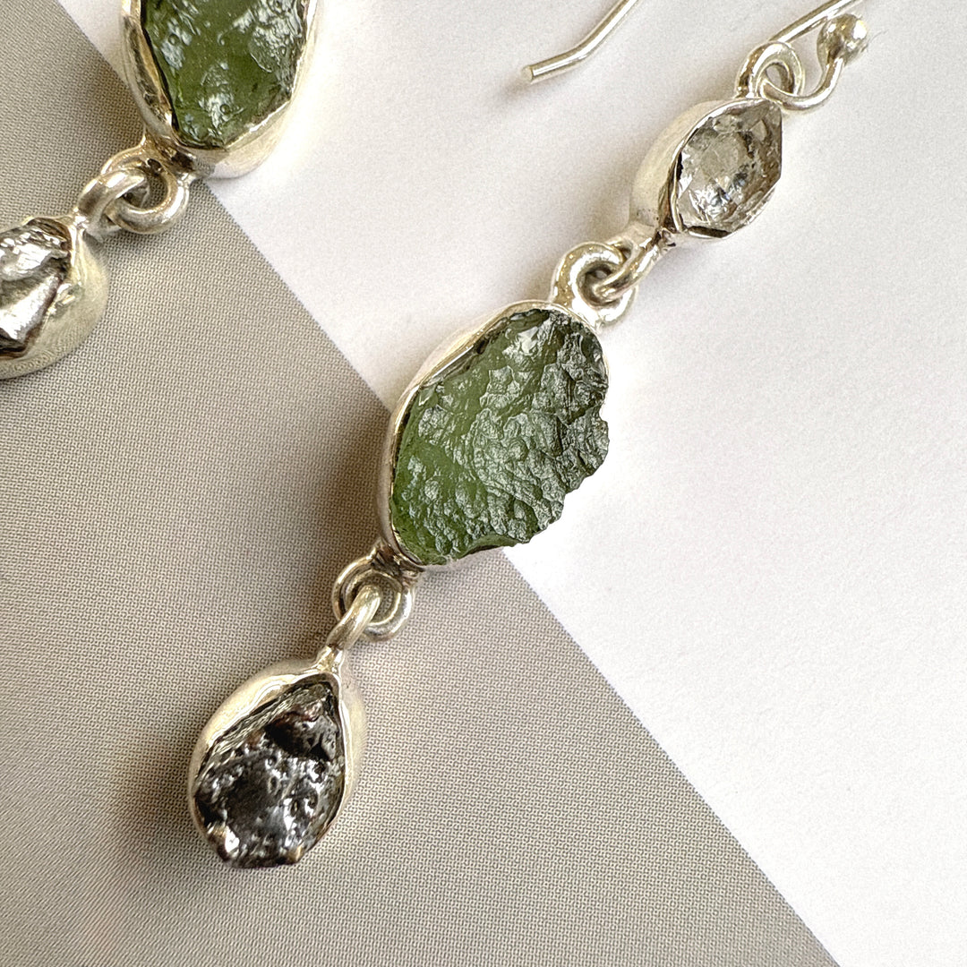 Moldavite, Campo Del Cielo & Herkimer Diamond Earrings