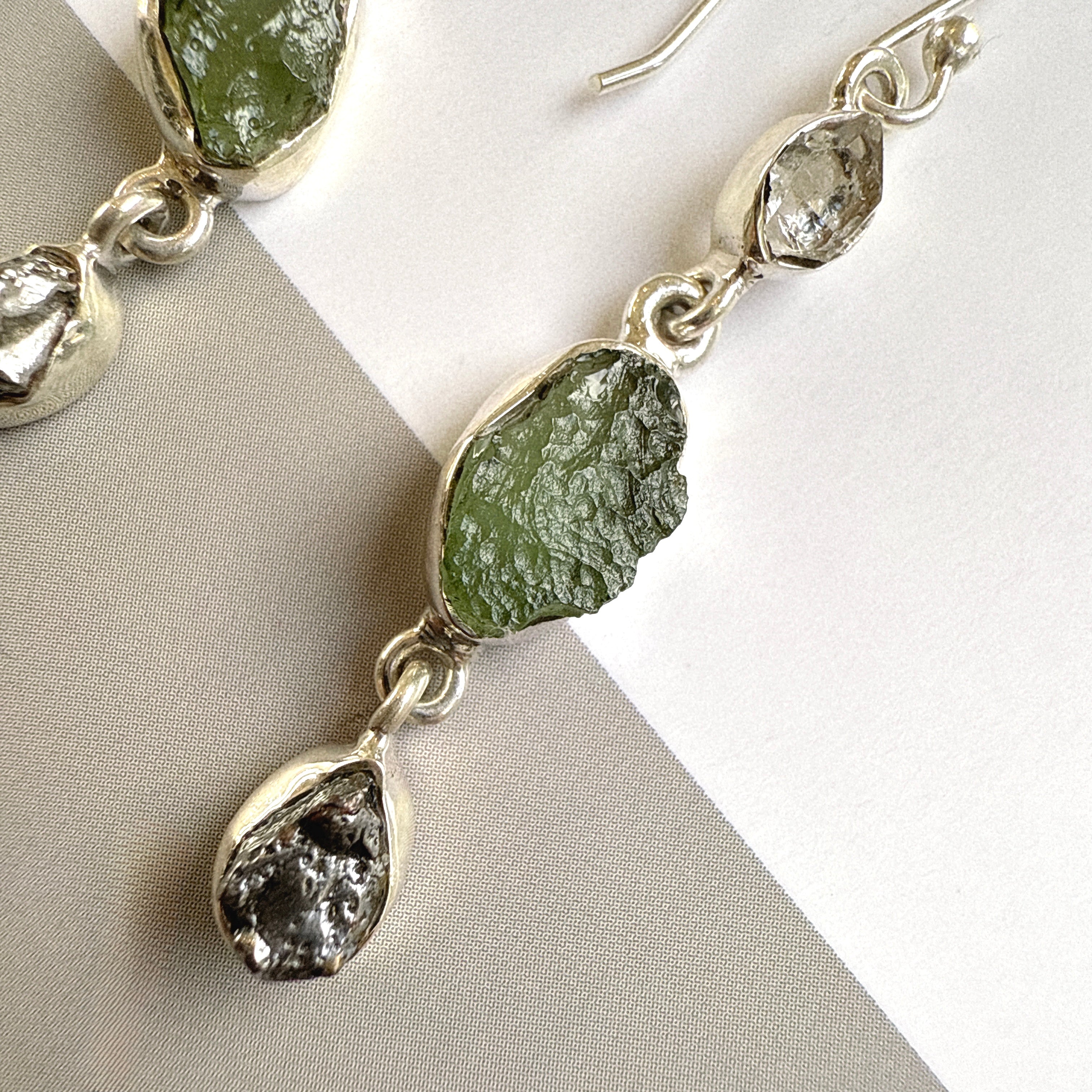 Moldavite, Campo Del Cielo & Herkimer Diamond Earrings