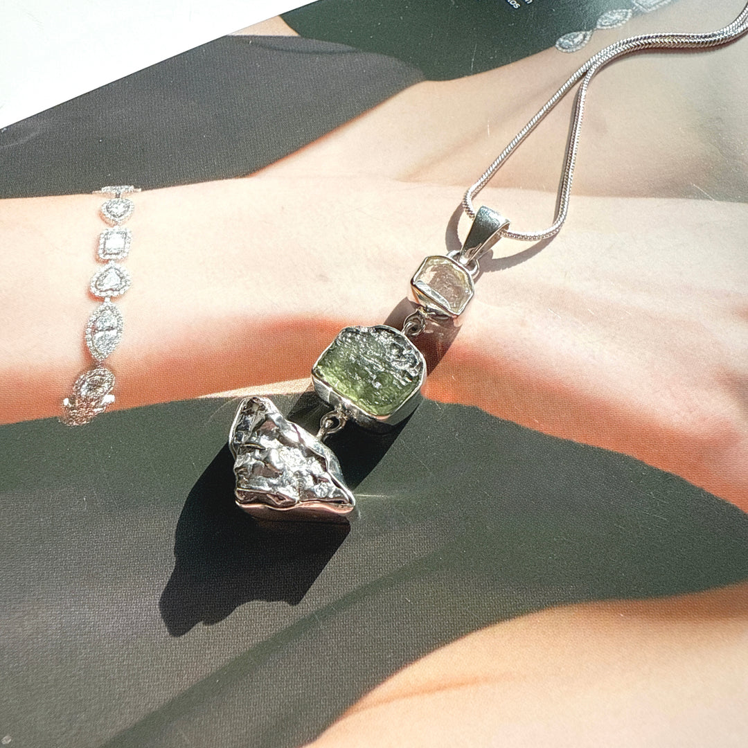 Moldavite, Herkimer Diamond & Campo del Cielo Meteorite Pendant