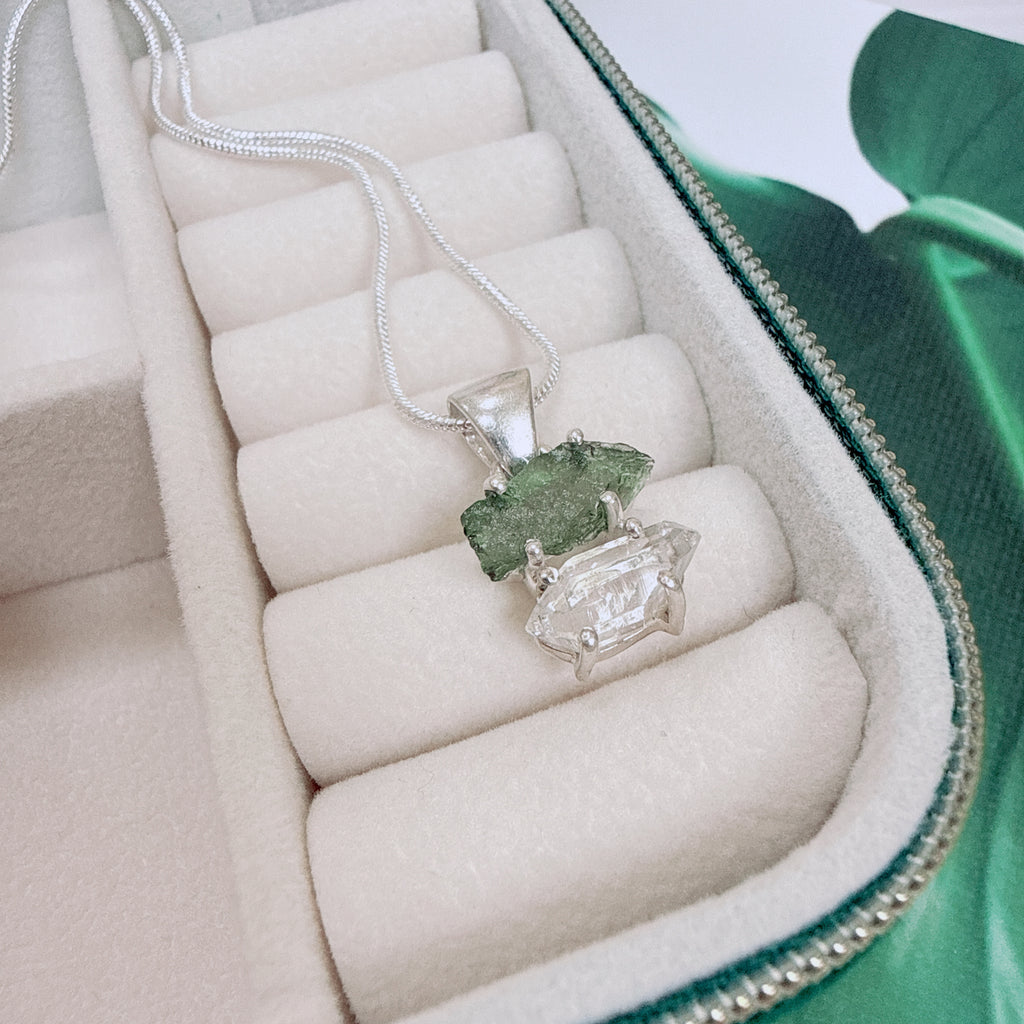 Moldavite with Herkimer Diamond Pendant