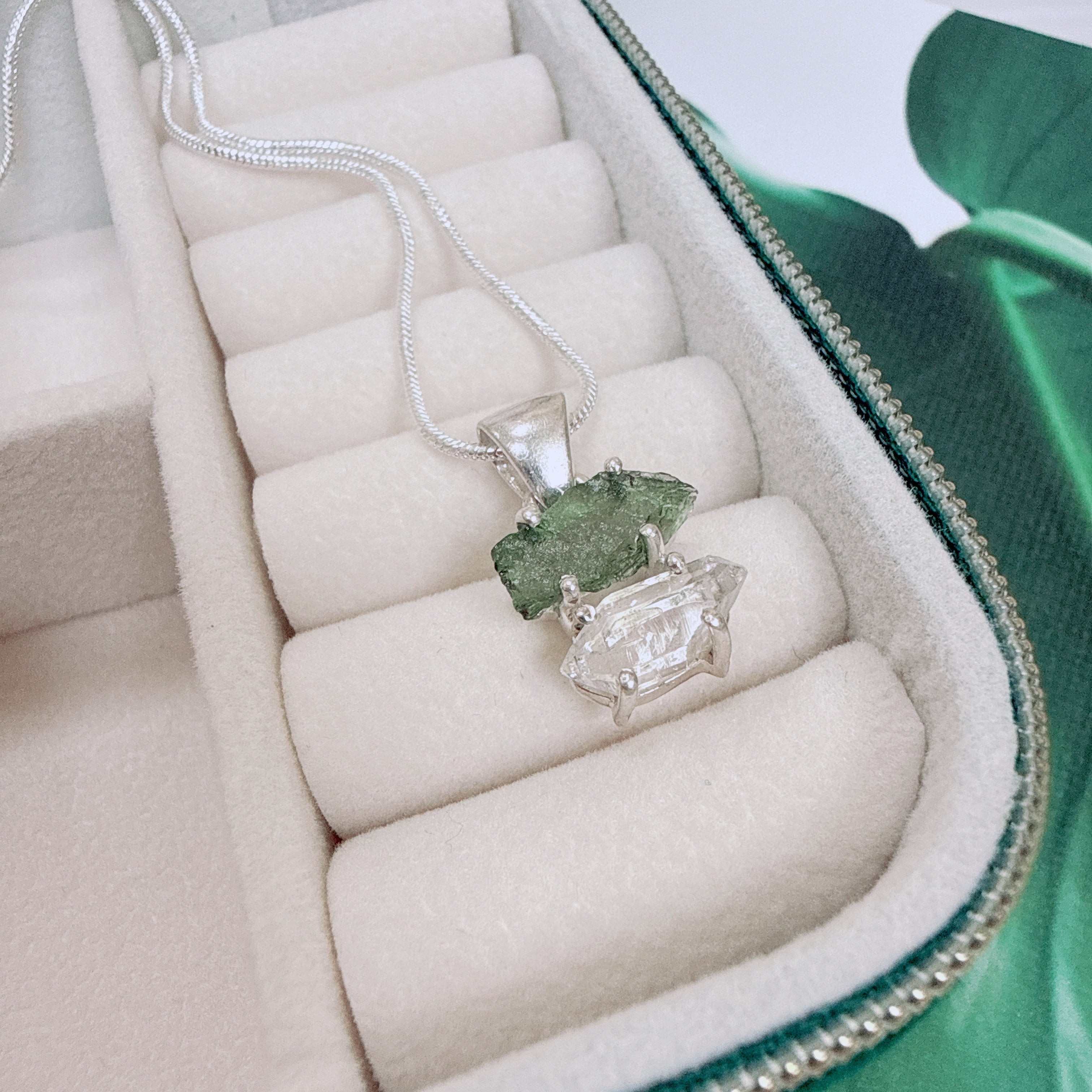 Moldavite with Herkimer Diamond Pendant