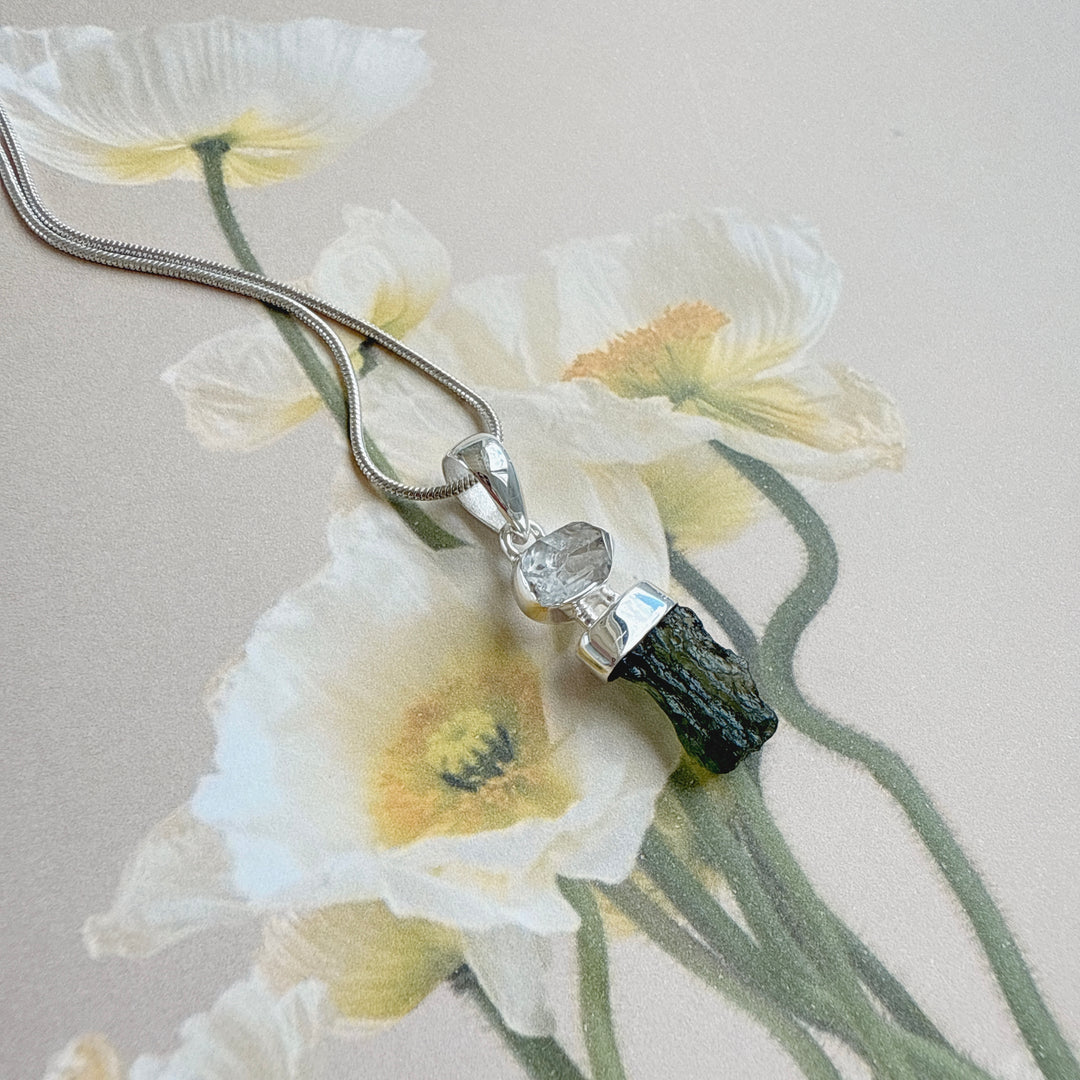 MOLDAVITE & HERKEMIR DIAMOND PENDANT