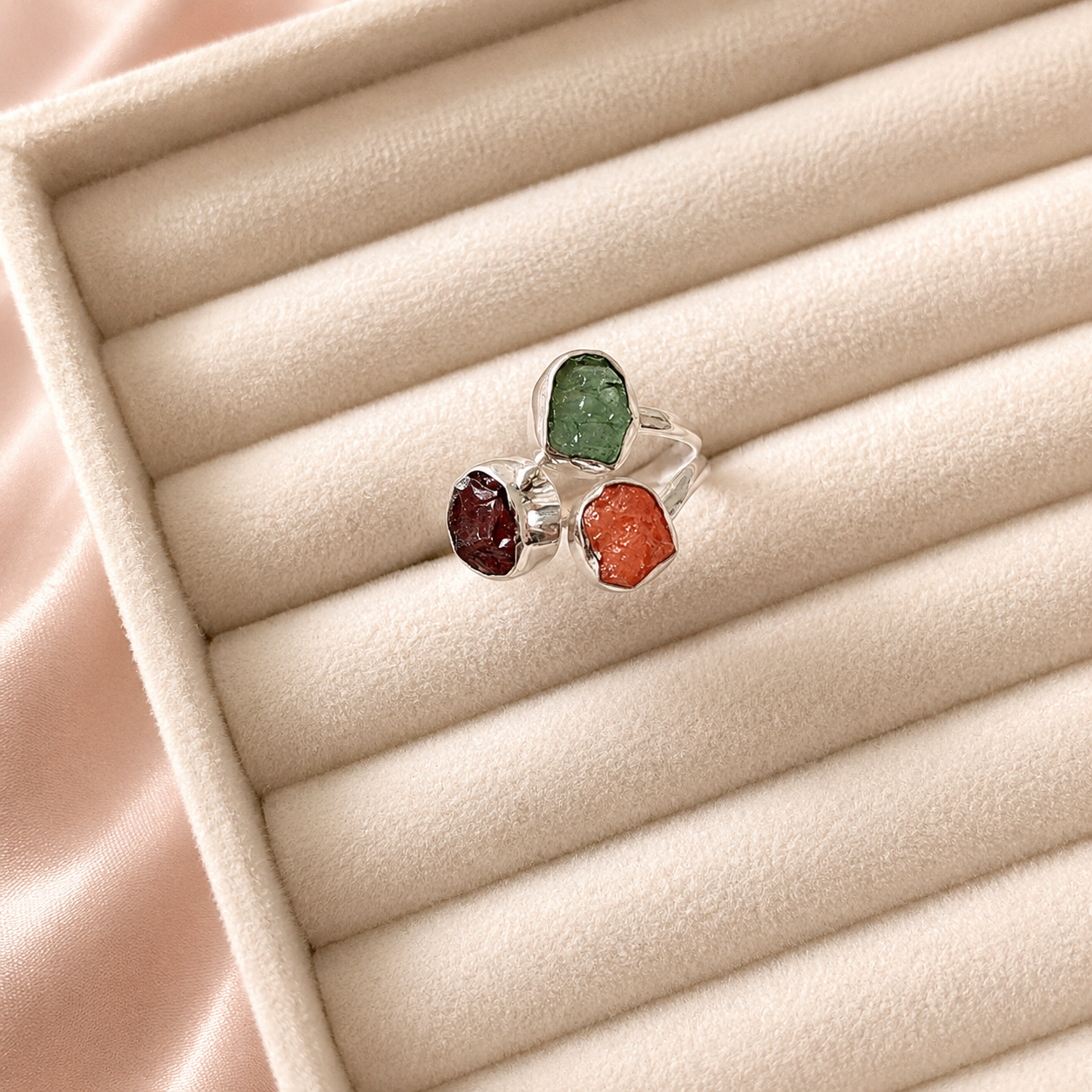Designer – Moldavite, Mexican Opal & Garnet Ring