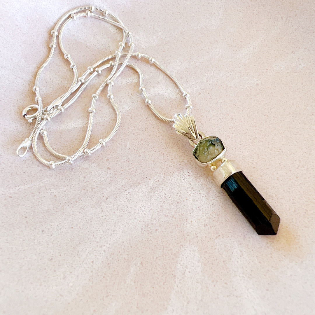 MOLDAVITE & BLACK TOURMALINE PENDANT