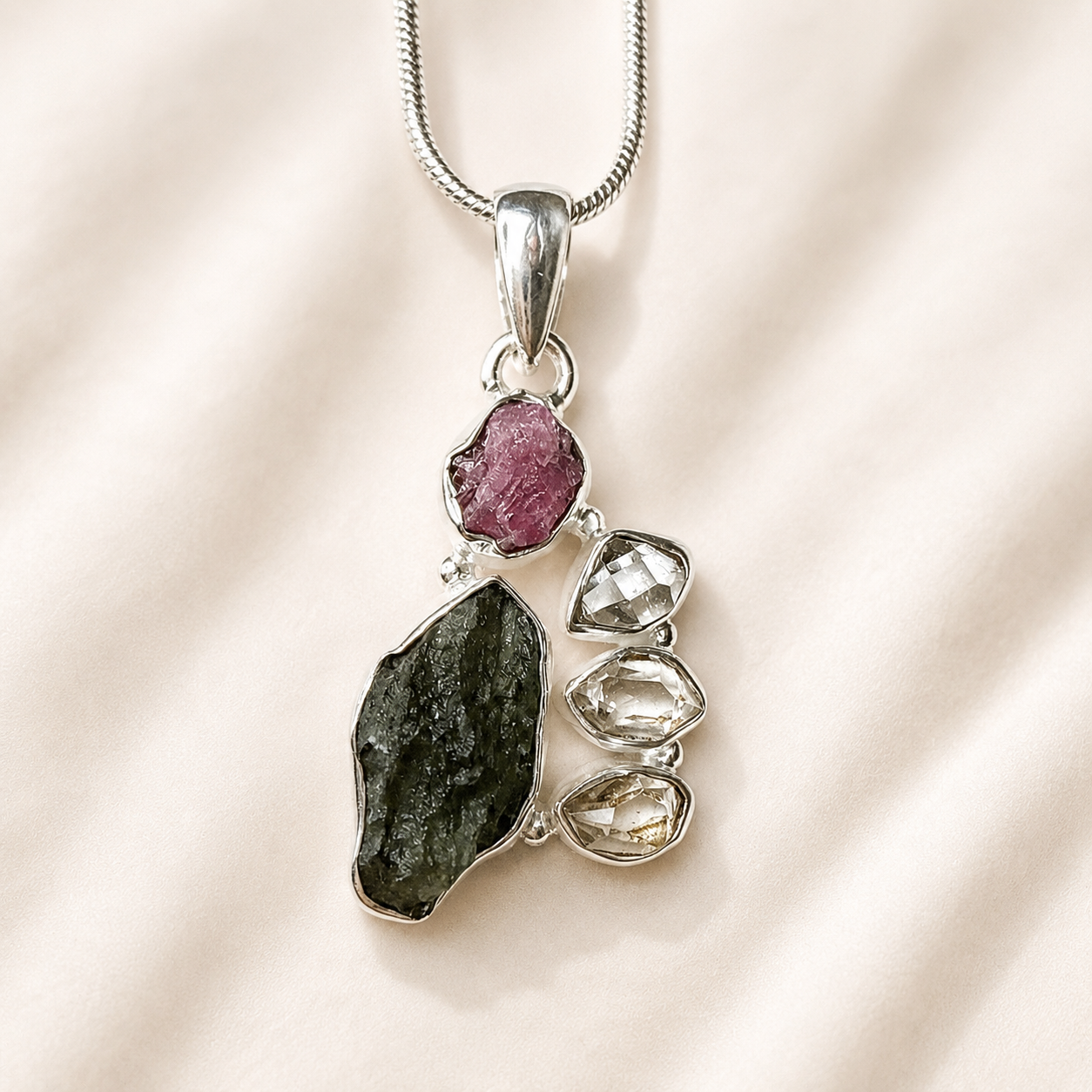 Moldavite, Herkimer Diamond & Pink Tourmaline Pendant