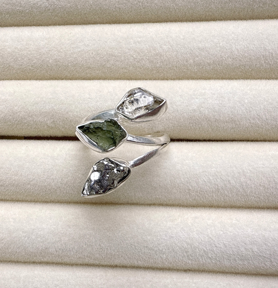 MOLDAVITE, HERKIMER DIAMOND & CAMPO DEL CIELO RING