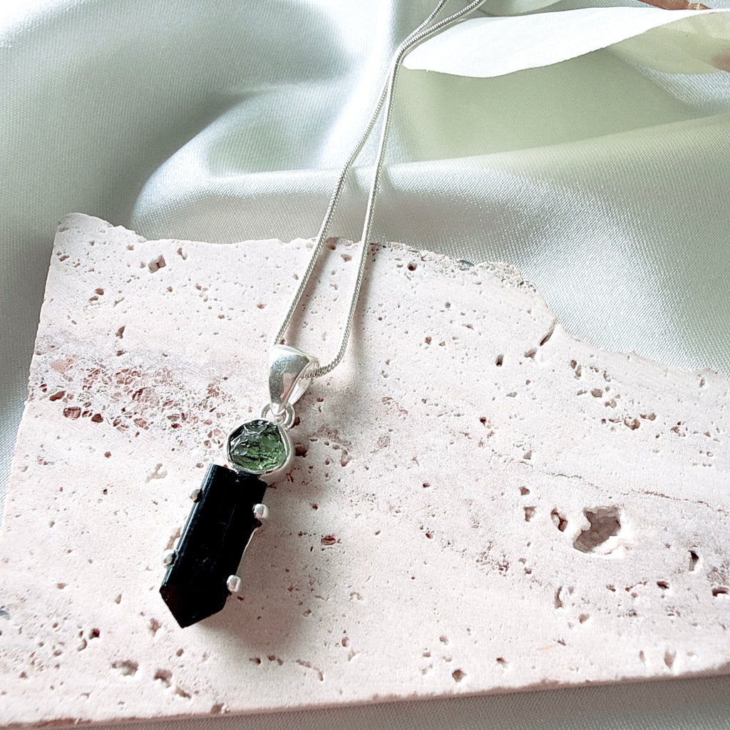 MOLDAVITE & BLACK TOURMALINE PENDANT