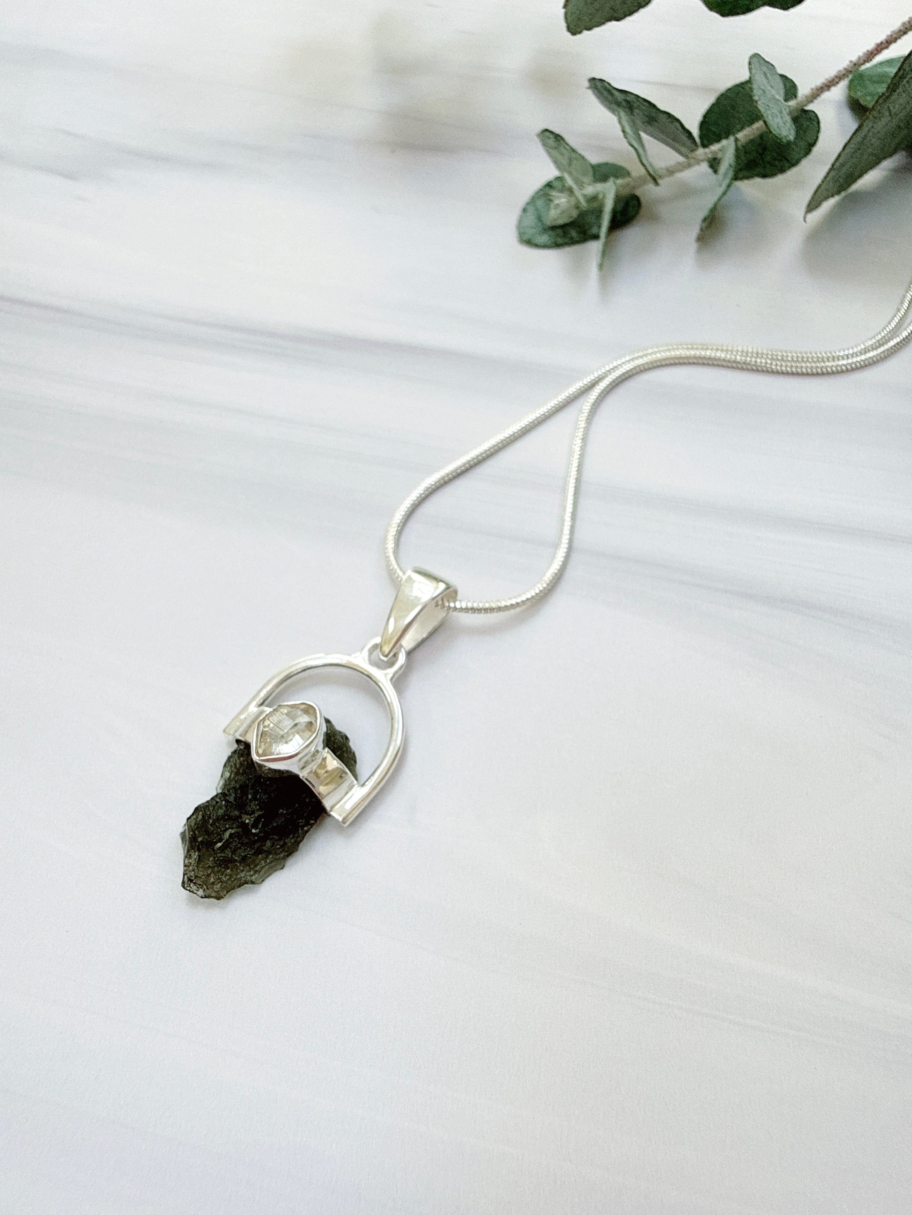 Moldavite with Herkimer Diamond Pendant