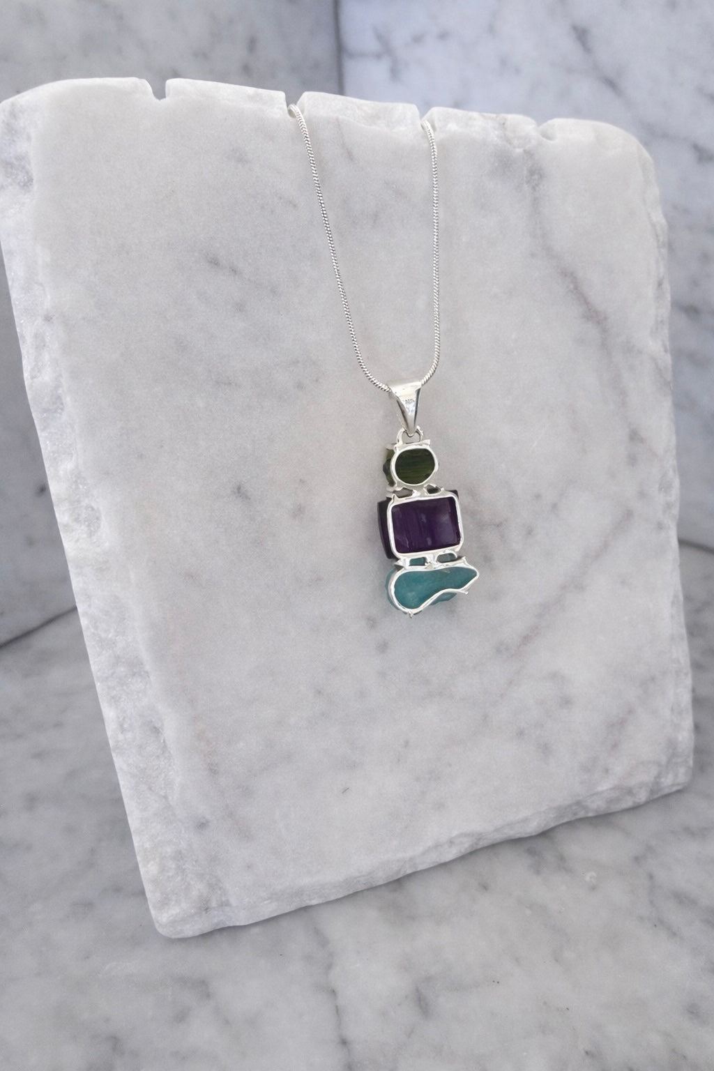 Moldavite, Amethyst & Neon Blue Apatite Pendant