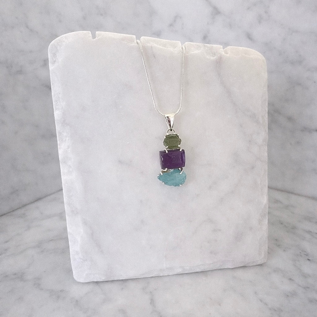 Moldavite, Amethyst & Neon Blue Apatite Pendant