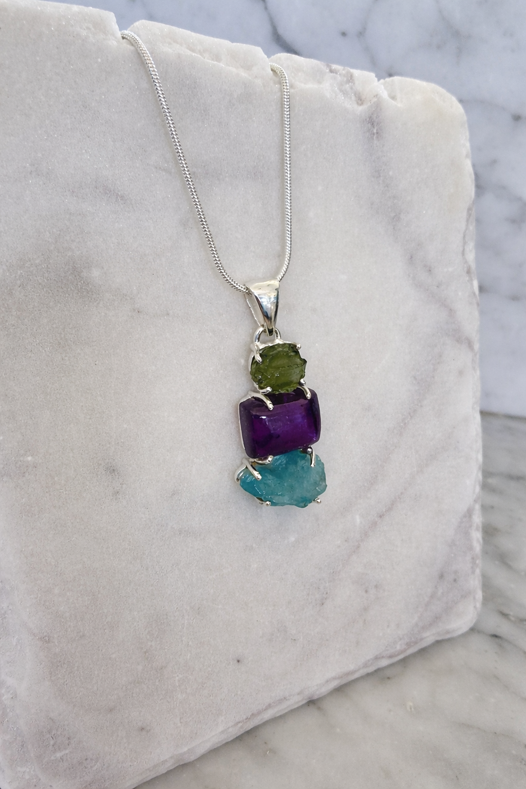 Moldavite, Amethyst & Neon Blue Apatite Pendant