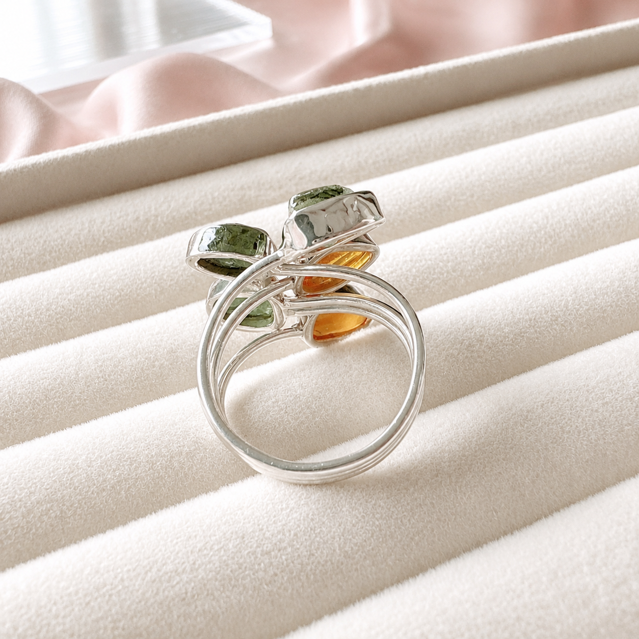 Designer – Moldavite & Baltic Amber Ring