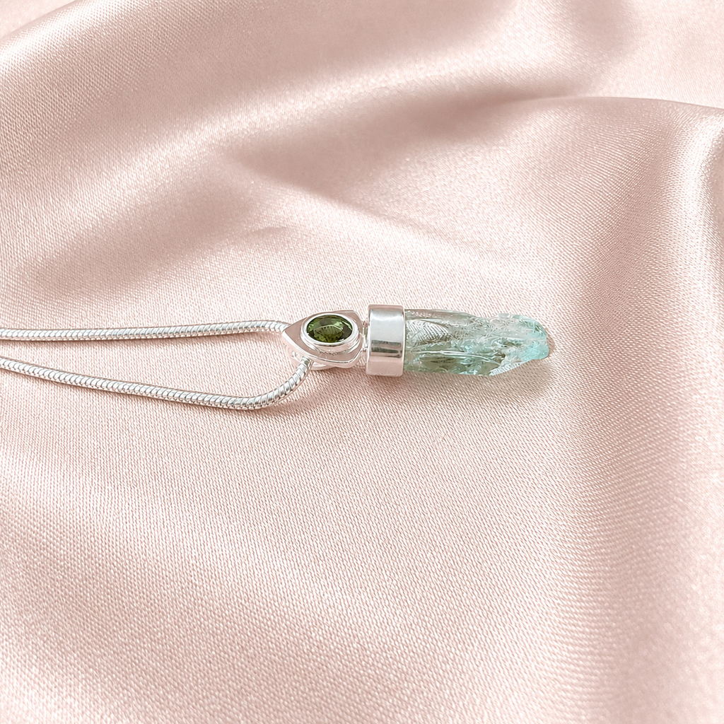 Designer Aquamarine & Faceted Moldavite Pendant