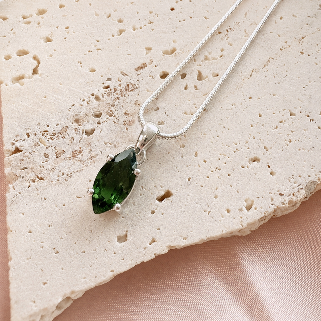 Moldavite Faceted Silver Pendant
