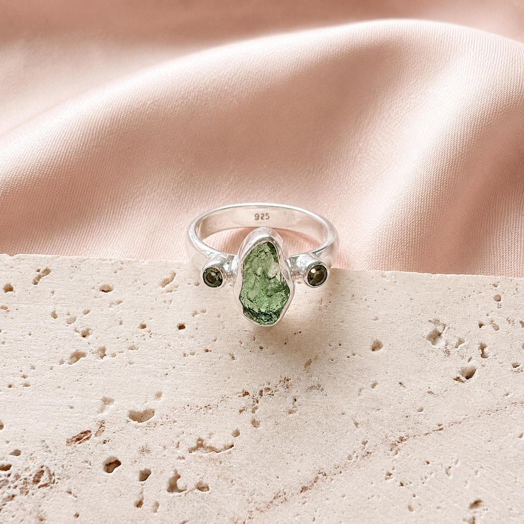 Designer Moldavite & Peridot Ring