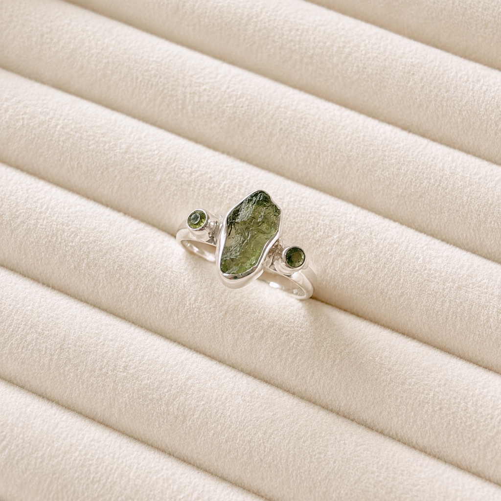Designer Moldavite & Peridot Ring