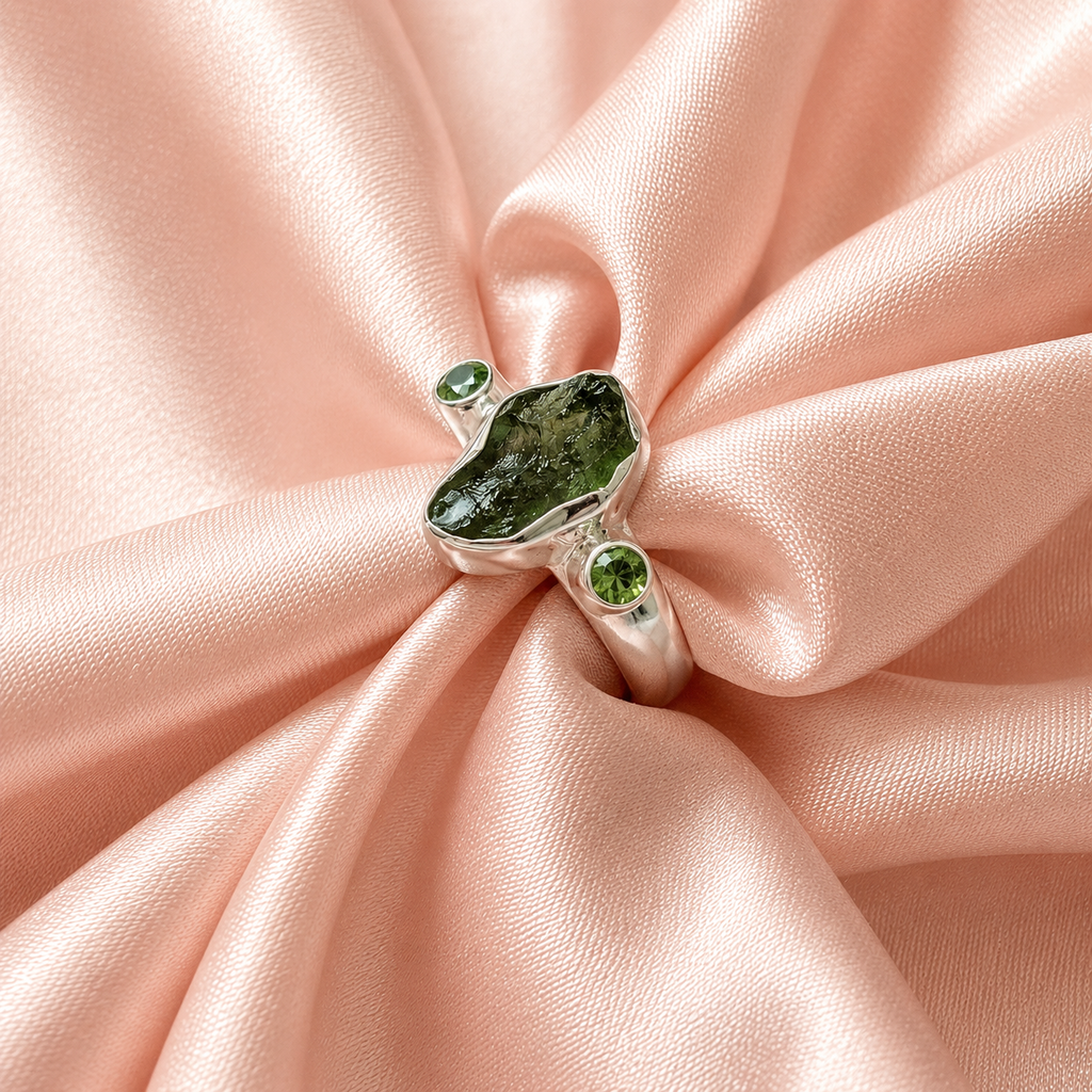 Designer Moldavite & Peridot Ring