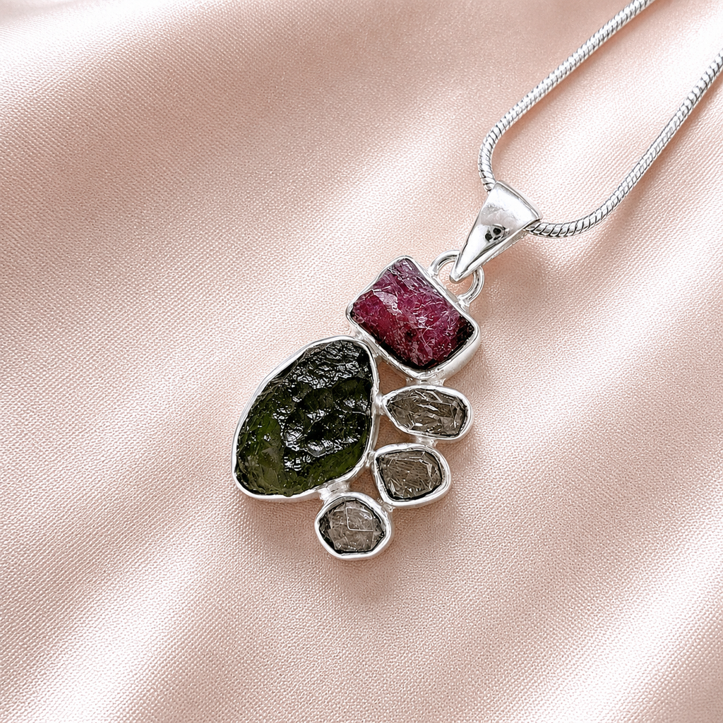 Moldavite, Herkimer Diamond & Pink Tourmaline Rough Pendant