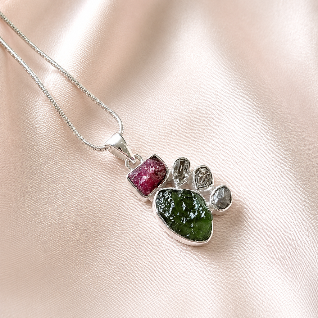 Moldavite, Herkimer Diamond & Pink Tourmaline Rough Pendant
