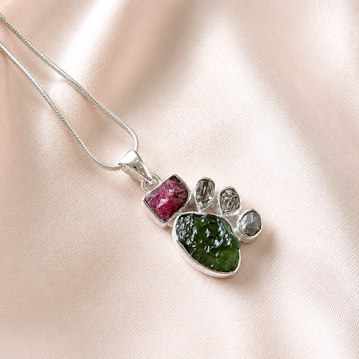 Moldavite, Herkimer Diamond & Pink Tourmaline Rough Pendant
