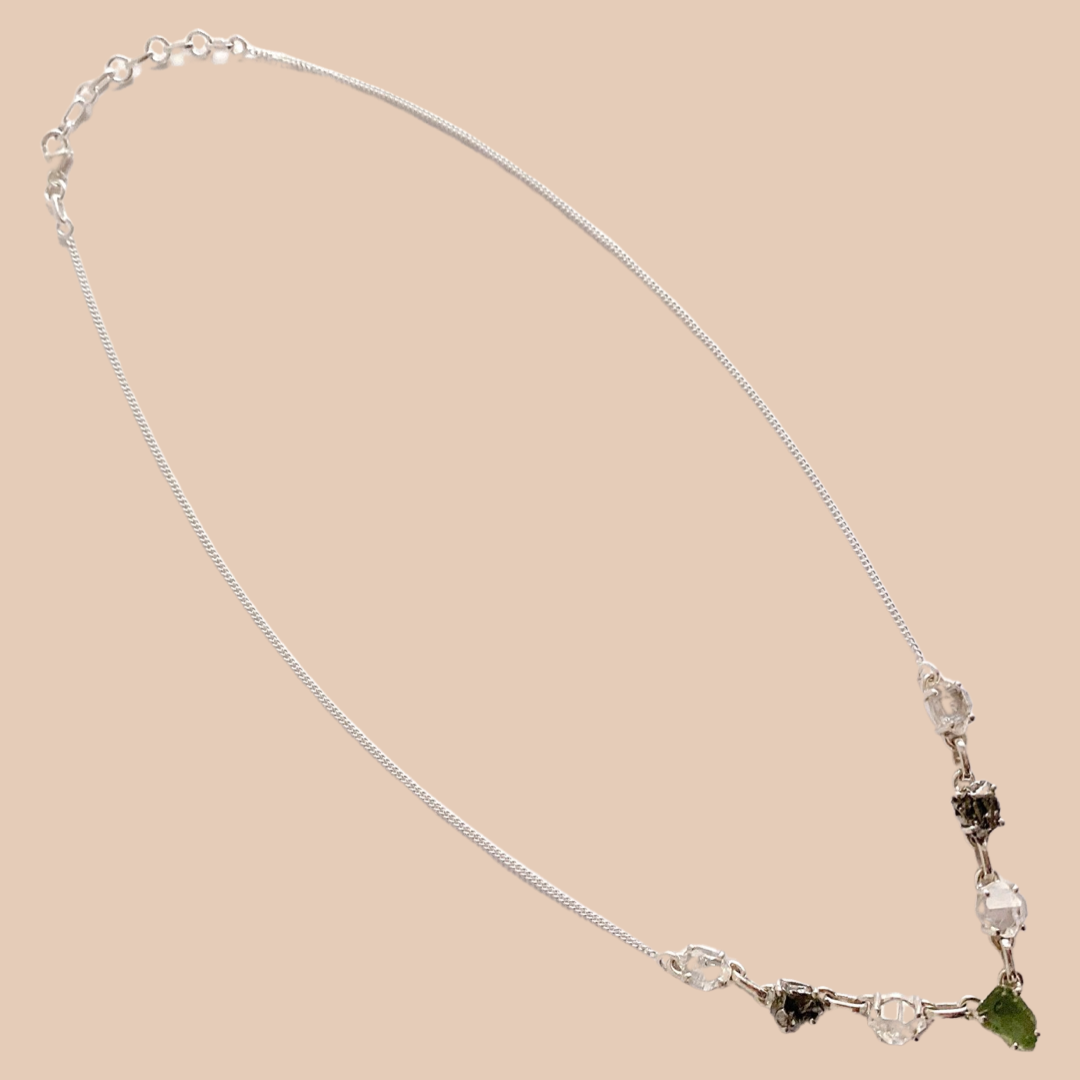 Moldavite, Herkimer Diamond & Meteorite Campo Del Cielo Necklace
