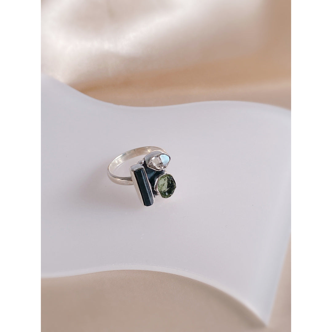 Moldavite , Herkimer Diamond & Black Tourmaline Ring